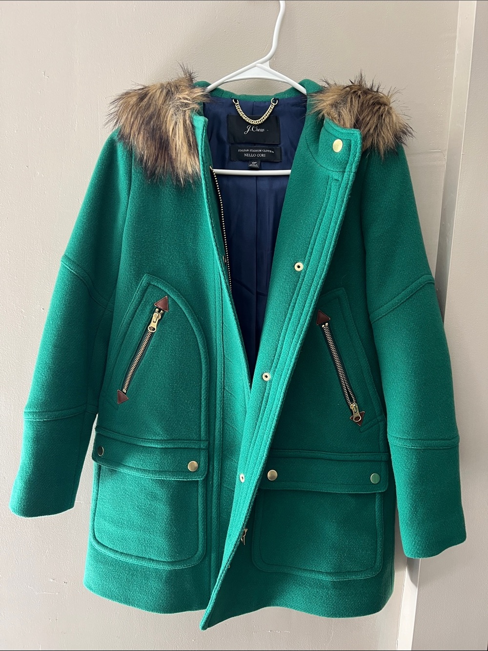 J. Crew Green Wool Hooded Pea Coat with Faux-Fur Trim